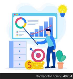 Business concept vector illustration, businessman with happy expression, economy showing growth, success and financial development.