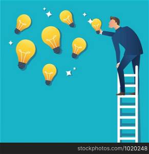 Business concept vector illustration of a man on ladder pointing at yellow light bulb