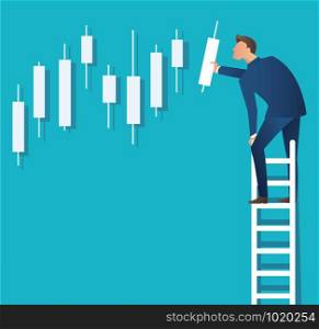 Business concept vector illustration of a man on ladder with candlestick chart background, concept of stock market