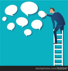 Business concept vector illustration of a man on ladder with chat box cloud background