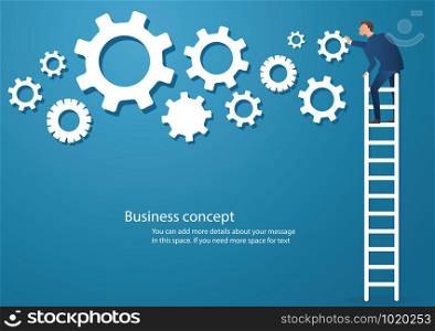 Business concept vector illustration of a man on ladder with gears