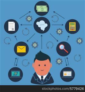 Business concept with businessman in suit surrounded business and finance activities round icons on blue background