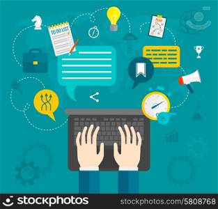 Business concept with hands typing on computer flat vector illustration. Business Hands Flat