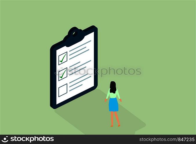 Business concept. Woman with checklist on clipboard. Isometric design. Eps10. Business concept. Woman with checklist on clipboard. Isometric design