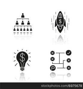 Business concepts drop shadow black icons set. Company hierarchy, problems solving, successful idea and spaceship. Isolated vector illustrations. Business concepts drop shadow black icons set