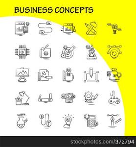 Business Concepts Hand Drawn Icons Set For Infographics, Mobile UX/UI Kit And Print Design. Include: Map Pointer, Globe, World, Internet, Book, Apple, Studies, Collection Modern Infographic Logo and Pictogram. - Vector