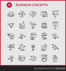 Business Concepts Hand Drawn Icons Set For Infographics, Mobile UX/UI Kit And Print Design. Include: Document, File, Text, Text File, Idea, Bulb, Target, Collection Modern Infographic Logo and Pictogram. - Vector