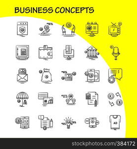 Business Concepts Hand Drawn Icons Set For Infographics, Mobile UX/UI Kit And Print Design. Include: Scale, Vector, Compass, Education, Monitor, Computer, Avatar, Share, Collection Modern Infographic Logo and Pictogram. - Vector