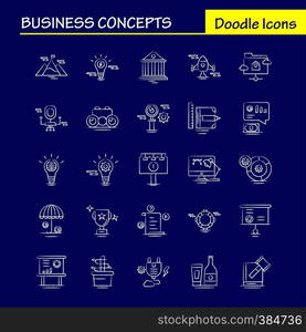 Business Concepts Hand Drawn Icons Set For Infographics, Mobile UX/UI Kit And Print Design. Include: Document, File, Text, Text File, Idea, Bulb, Target, Collection Modern Infographic Logo and Pictogram. - Vector