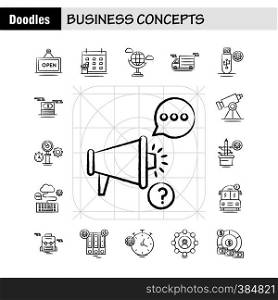 Business Concepts Hand Drawn Icons Set For Infographics, Mobile UX/UI Kit And Print Design. Include: Clipboard, Setting, Gear, Pencil, Monitor, Internet, Setting, Dollar, Collection Modern Infographic Logo and Pictogram. - Vector