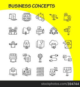 Business Concepts Hand Drawn Icons Set For Infographics, Mobile UX/UI Kit And Print Design. Include: Camcorder, Media, Video, Media Player, Locked, Share, Gear, Collection Modern Infographic Logo and Pictogram. - Vector