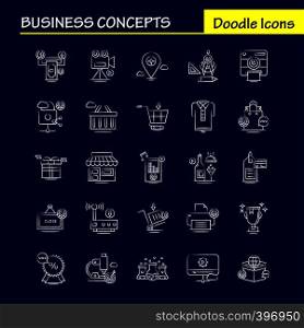 Business Concepts Hand Drawn Icons Set For Infographics, Mobile UX/UI Kit And Print Design. Include: Open Board, Board, Shop, Mall, Calendar, Date, Months, Collection Modern Infographic Logo and Pictogram. - Vector