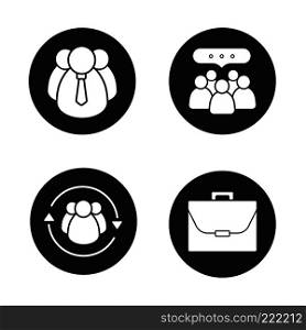 Business concepts icons set. Company employees, teamwork, leadership, team communication and briefcase. Vector white silhouettes illustrations in black circles. Business concepts icons set