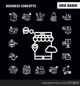 Business Concepts Line Icons Set For Infographics, Mobile UX/UI Kit And Print Design. Include: Money Bag, Money, Dollar, Currency, Shop, Market, Money, Collection Modern Infographic Logo and Pictogram. - Vector