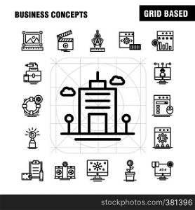 Business Concepts Line Icons Set For Infographics, Mobile UX/UI Kit And Print Design. Include: Scale, Vector, Compass, Education, Monitor, Computer, Avatar, Share, Collection Modern Infographic Logo and Pictogram. - Vector