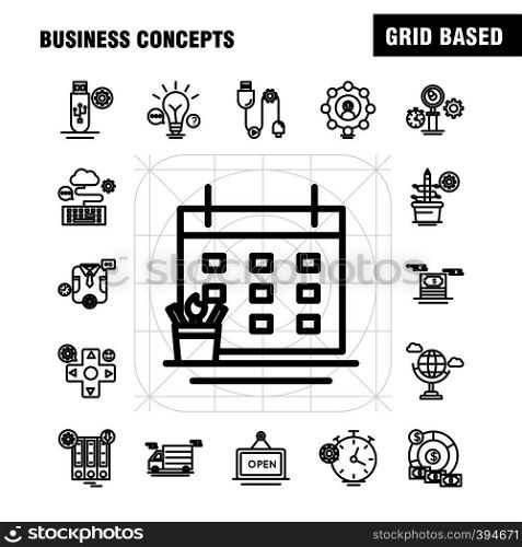 Business Concepts Line Icons Set For Infographics, Mobile UX/UI Kit And Print Design. Include: Clipboard, Setting, Gear, Pencil, Monitor, Internet, Setting, Dollar, Collection Modern Infographic Logo and Pictogram. - Vector