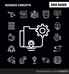Business Concepts Line Icons Set For Infographics, Mobile UX/UI Kit And Print Design. Include: Camcorder, Media, Video, Media Player, Locked, Share, Gear, Collection Modern Infographic Logo and Pictogram. - Vector
