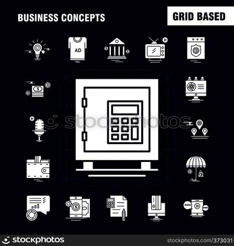 Business Concepts Solid Glyph Icons Set For Infographics, Mobile UX/UI Kit And Print Design. Include: Scale, Vector, Compass, Education, Monitor, Computer, Avatar, Share, Collection Modern Infographic Logo and Pictogram. - Vector