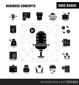 Business Concepts Solid Glyph Icons Set For Infographics, Mobile UX/UI Kit And Print Design. Include: Scale, Vector, Compass, Education, Monitor, Computer, Avatar, Share, Collection Modern Infographic Logo and Pictogram. - Vector