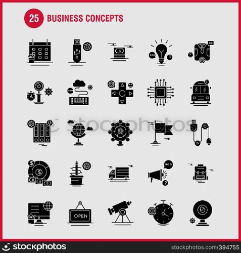 Business Concepts Solid Glyph Icons Set For Infographics, Mobile UX/UI Kit And Print Design. Include: Clipboard, Setting, Gear, Pencil, Monitor, Internet, Setting, Dollar, Collection Modern Infographic Logo and Pictogram. - Vector