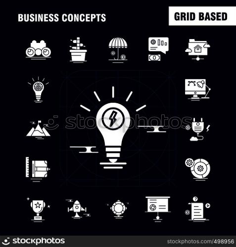 Business Concepts Solid Glyph Icons Set For Infographics, Mobile UX/UI Kit And Print Design. Include: Document, File, Text, Text File, Idea, Bulb, Target, Collection Modern Infographic Logo and Pictogram. - Vector