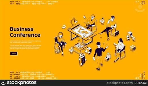Business conference banner. Training, seminar and meeting for professional learning and communication. Vector landing page of team education in company with isometric people and speaker in office. Vector banner of business conference