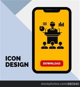 Business, conference, convention, presentation, seminar Glyph Icon in Mobile for Download Page. Yellow Background. Vector EPS10 Abstract Template background