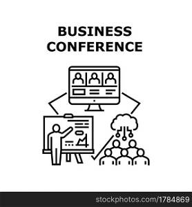 Business Conference Employees Vector Icon Concept. Online Business Conference Employees Or In Meeting Room, Computer Application For Colleagues Communication And Discussing Black Illustration. Business Conference Employees Vector Concept Color
