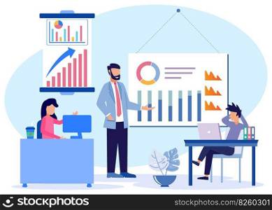 Business conference flat style vector illustration. Boss and employee discussing project. The manager presents the company’s financial statements. Brainstorming team. meeting in the office.