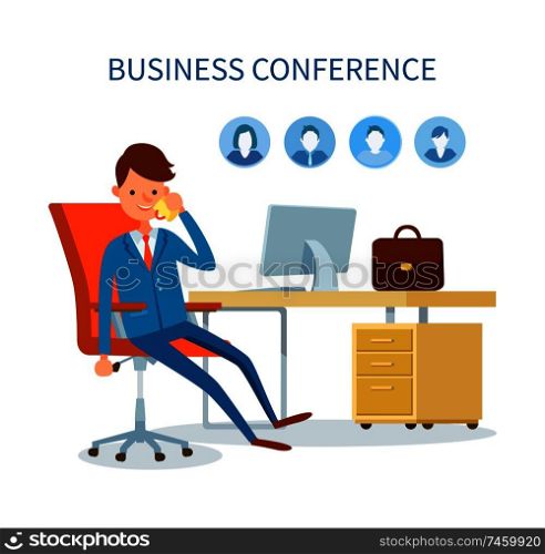 Business conference man talking on phone icons vector. Profiles of clients, customers base of boss. Employer businessman discussing issues on cell. Business Conference Man Talking on Phone Icons
