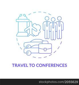 Business conference trip concept icon. Knowledge exchange corporate event. Trade show abstract idea thin line illustration. Isolated outline drawing. Roboto-Medium, Myriad Pro-Bold fonts used. Business conference trip concept icon
