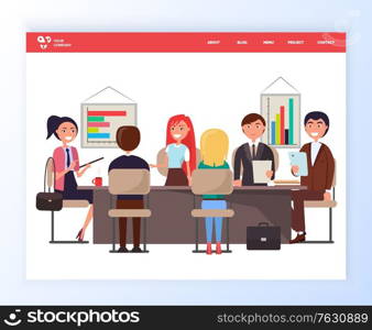 Business conference vector, people sitting by table discussing problems of company, whiteboard with charts and information on issue, office worker meeting. Website or webpage template, landing page. Business Seminar Meeting of Professionals Experts