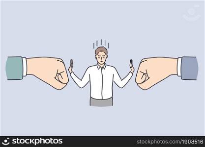 Business confidence and strength concept. Young calm businessman standing and deflecting blows from huge human hands from both sides with hands vector illustration . Business confidence and strength concept.
