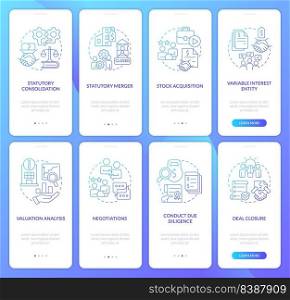 Business consolidation lines blue gradient onboarding mobile app screen set. Walkthrough 4 steps graphic instructions with linear concepts. UI, UX, GUI template. Myriad Pro-Bold, Regular fonts used. Business consolidation lines blue gradient onboarding mobile app screen set