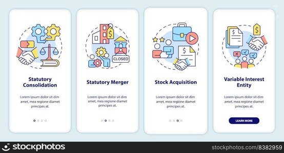 Business consolidation strategies onboarding mobile app screen. Walkthrough 4 steps editable graphic instructions with linear concepts. UI, UX, GUI template. Myriad Pro-Bold, Regular fonts used. Business consolidation strategies onboarding mobile app screen