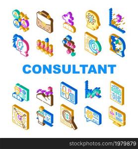 Business Consultant Advicing Icons Set Vector. Consultant Service Advice, Planning Strategy And Success Goal Achievement Search Solve Company Problem Research Report Isometric Sign Color Illustrations. Business Consultant Advicing Icons Set Vector