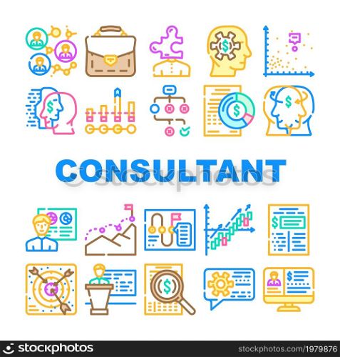 Business Consultant Advicing Icons Set Vector. Consultant Service And Advice, Planning Strategy And Success Goal Achievement, Search Solve Company Problem And Research Report Line. Color Illustrations. Business Consultant Advicing Icons Set Vector