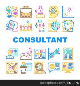 Business Consultant Advicing Icons Set Vector. Consultant Service And Advice, Planning Strategy And Success Goal Achievement, Search Solve Company Problem And Research Report Line. Color Illustrations. Business Consultant Advicing Icons Set Vector