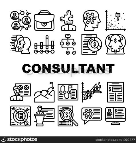 Business Consultant Advicing Icons Set Vector. Consultant Service And Advice, Planning Strategy And Success Goal Achievement, Search Solve Company Problem Research Report Black Contour Illustrations. Business Consultant Advicing Icons Set Vector