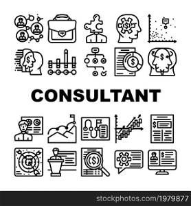 Business Consultant Advicing Icons Set Vector. Consultant Service And Advice, Planning Strategy And Success Goal Achievement, Search Solve Company Problem Research Report Black Contour Illustrations. Business Consultant Advicing Icons Set Vector