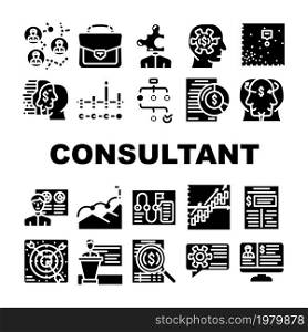 Business Consultant Advicing Icons Set Vector. Consultant Service And Advice, Planning Strategy And Success Goal Achievement, Search Solve Company Problem Research Glyph Pictograms Black Illustrations. Business Consultant Advicing Icons Set Vector