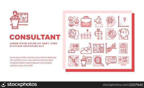 Business Consultant Advicing Landing Web Page Header Banner Template Vector Consultant Service And Advice, Planning Strategy And Success Goal Achievement, Search Solve Company Problem Illustration. Business Consultant Advicing Landing Header Vector