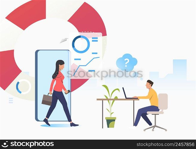 Business consultant and confused man working on laptop. Planning, marketing, information concept. Vector illustration can be used for topics like business, analysis, consulting. Business consultant and confused man working on laptop