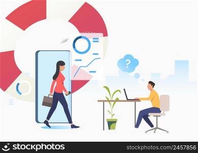 Business consultant and confused man working on laptop. Planning, marketing, information concept. Vector illustration can be used for topics like business, analysis, consulting. Business consultant and confused man working on laptop
