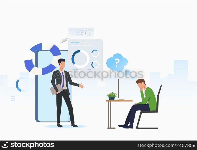 Business consultant and thoughtful man working on laptop. Planning, marketing, information concept. Vector illustration can be used for topics like business, analysis, consulting. Business consultant and thoughtful man working on laptop