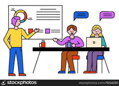 Business consultation. Man and woman work in team on seminar. People listening to coach discussing on materials of lecture. Whiteboard with data in visual form, learning and obtaining skills vector. Business Consulting Colleagues and Whiteboard