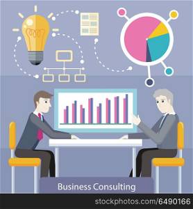 Business consulting concept. flat style. Expert provides advice and analyzes the financial results of the client. Bulb, network, diagram icons. Illustration for consulting company, career courses ad. Business Consulting Concept Vector Illustration. Business Consulting Concept Vector Illustration