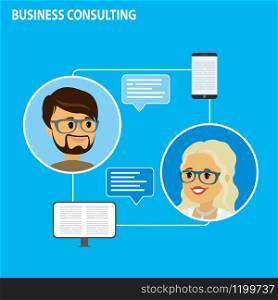 business consulting concept,online chat,People icons,smart gadgets and speech bubble,