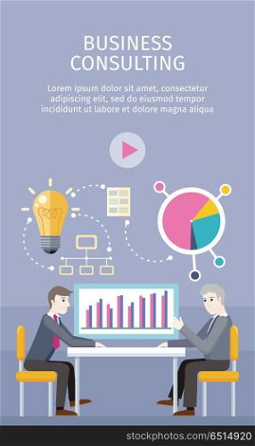 Business Consulting Concept Vector Illustration. Business consulting concept. flat style. Expert provides advice and analyzes the financial results of the client. Bulb, network, diagram icons. Illustration for consulting company, career courses ad
