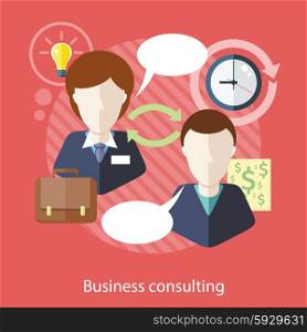Business consulting. Concept with text. Businessman and female consultant with speech bubbles. Icons for web design, analytics, graphic design and in flat design